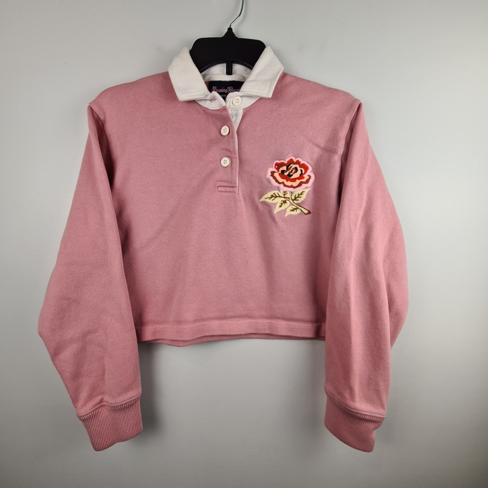 Rowing Blazers Pink Cropped Rugby Polo Shirt Floral Rose Embroidered Womens M